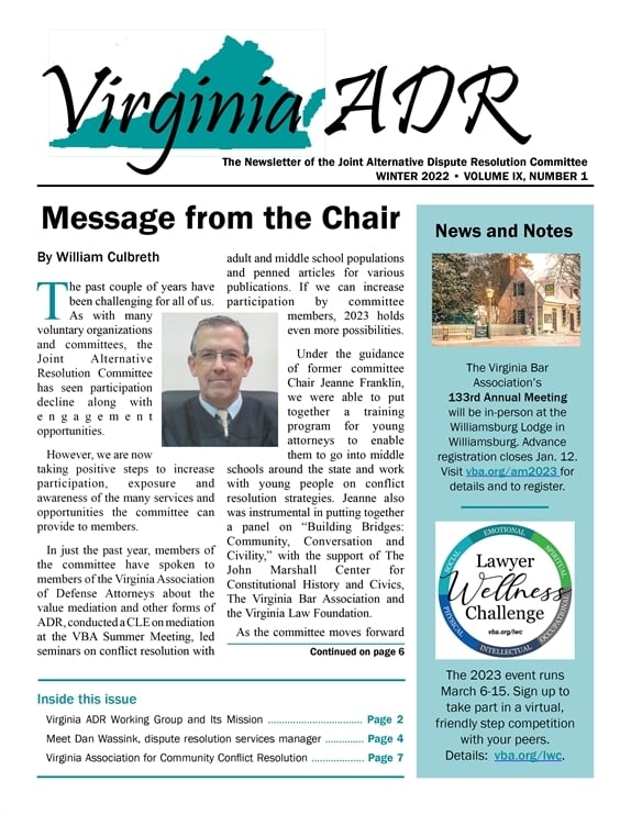 Cover image of Virginia ADR Newsletter, Winter 2022-23 Vol IX No 1